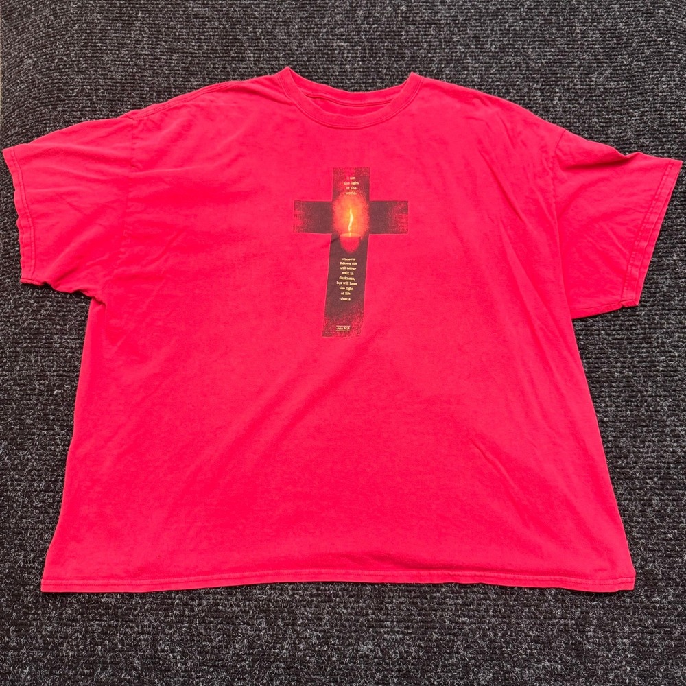 Vintage Christian Cross Candle John 8:12 Religious Graphic T-Shirt Red Mens 2XL